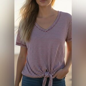 VERONICA M Red Striped Tie Front Tee, Super SOFT V-neck, Size M